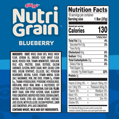 Kellogg's Nutri-Grain Blueberry Chewy Breakfast Bars, Made with 10g Whole Grains, 20.8 oz, 16 Count thumbnail 4