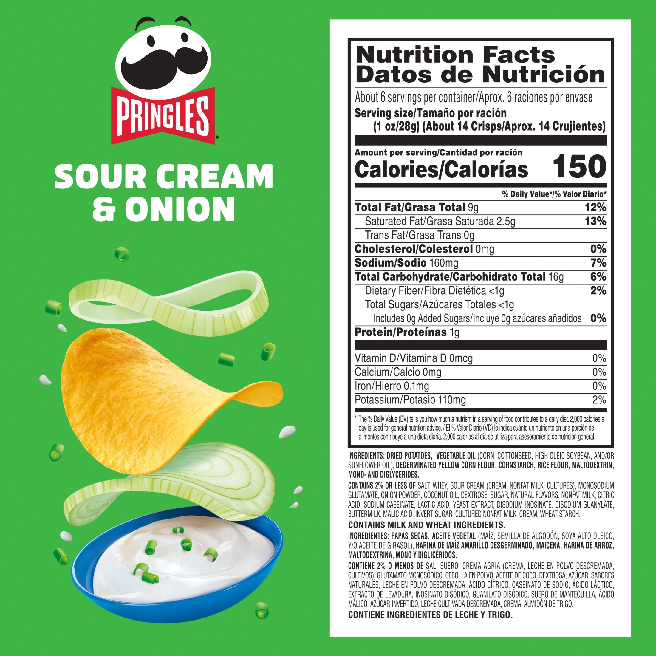 Pringles Sour Cream and Onion Potato Crisps Chips, Lunch Snacks, 5.5 oz Canister thumbnail 3