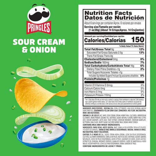Pringles Sour Cream and Onion Potato Crisps Chips, Lunch Snacks, 5.5 oz Canister thumbnail 3