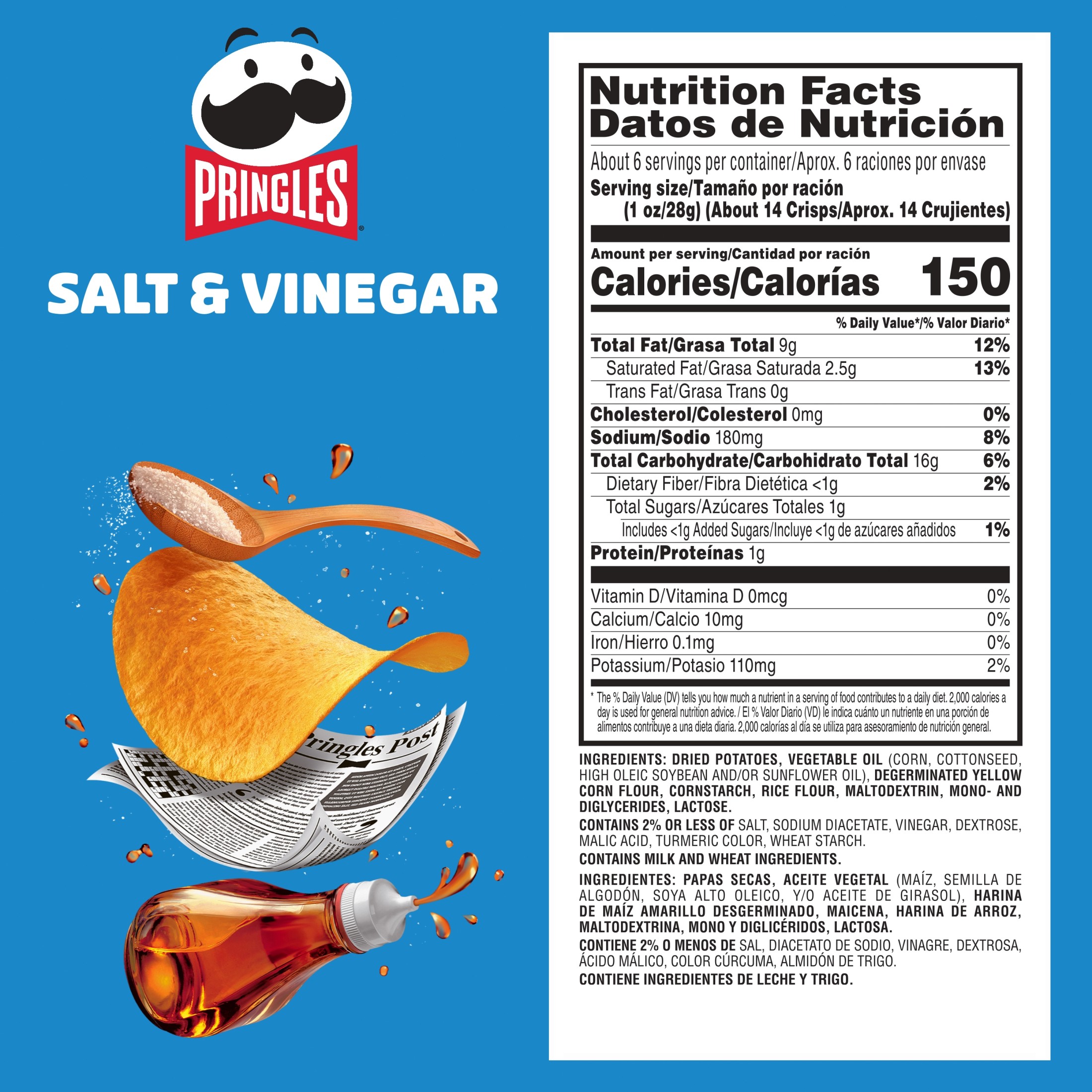 Pringles Salt and Vinegar Potato Crisps Chips, Lunch Snacks, 5.5 oz Canister thumbnail 2