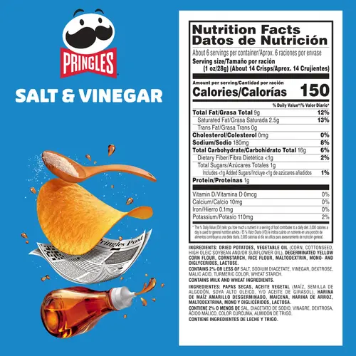 Pringles Salt and Vinegar Potato Crisps Chips, Lunch Snacks, 5.5 oz Canister thumbnail 2
