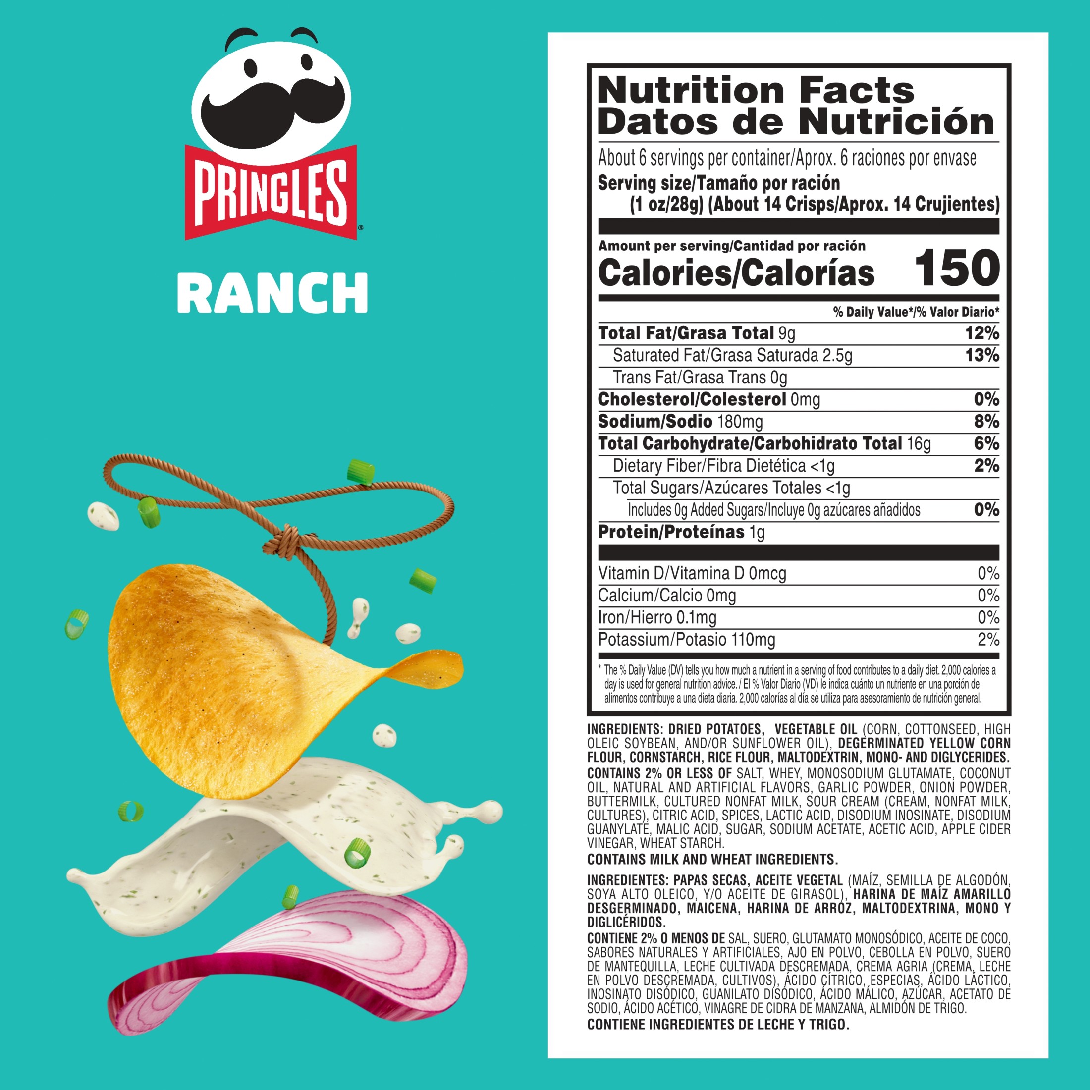 Pringles Ranch Potato Crisps Chips, Lunch Snacks, 5.5 oz Canister thumbnail 2