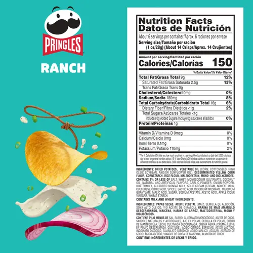 Pringles Ranch Potato Crisps Chips, Lunch Snacks, 5.5 oz Canister thumbnail 2