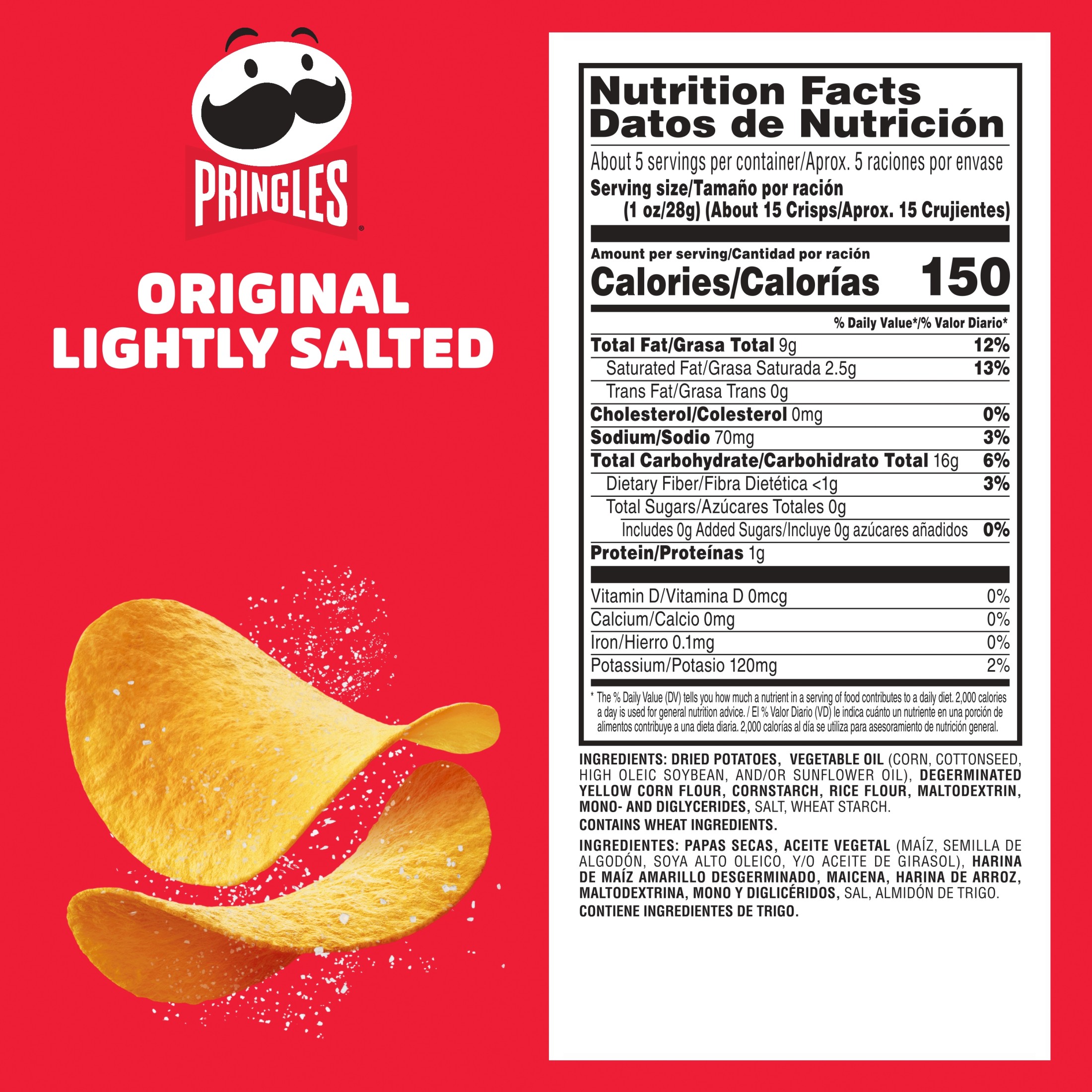 Pringles Lightly Salted Original Potato Crisps Chips, Lunch Snacks, 5.2 oz Canister thumbnail 2