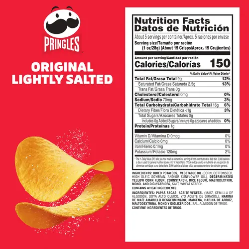 Pringles Lightly Salted Original Potato Crisps Chips, Lunch Snacks, 5.2 oz Canister thumbnail 2