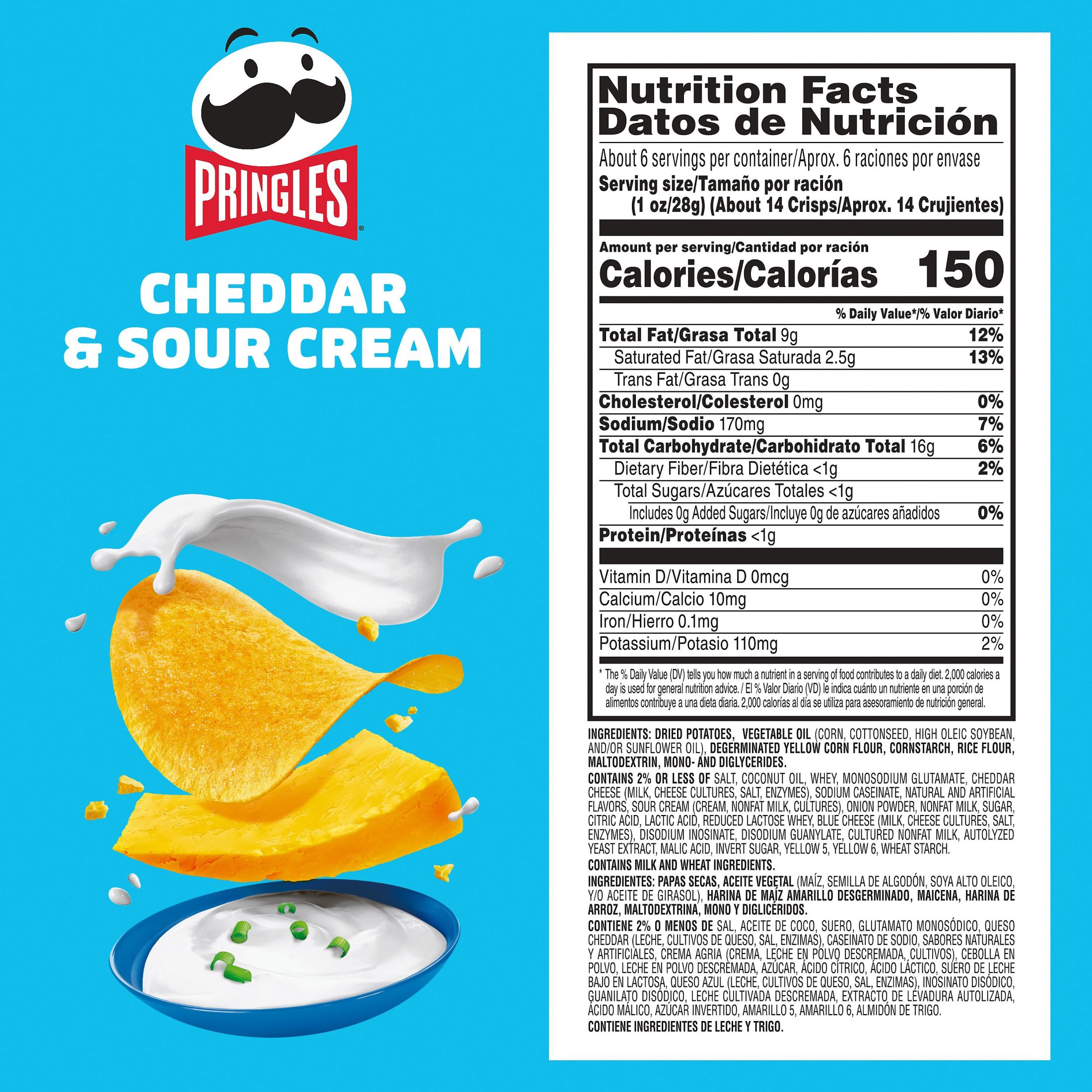 Pringles Cheddar and Sour Cream Potato Crisps Chips, Lunch Snacks, 5.5 oz Canister thumbnail 2