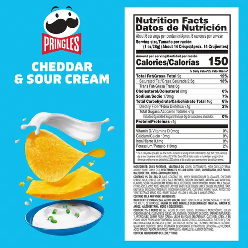 Pringles Cheddar and Sour Cream Potato Crisps Chips, Lunch Snacks, 5.5 oz Canister thumbnail 2