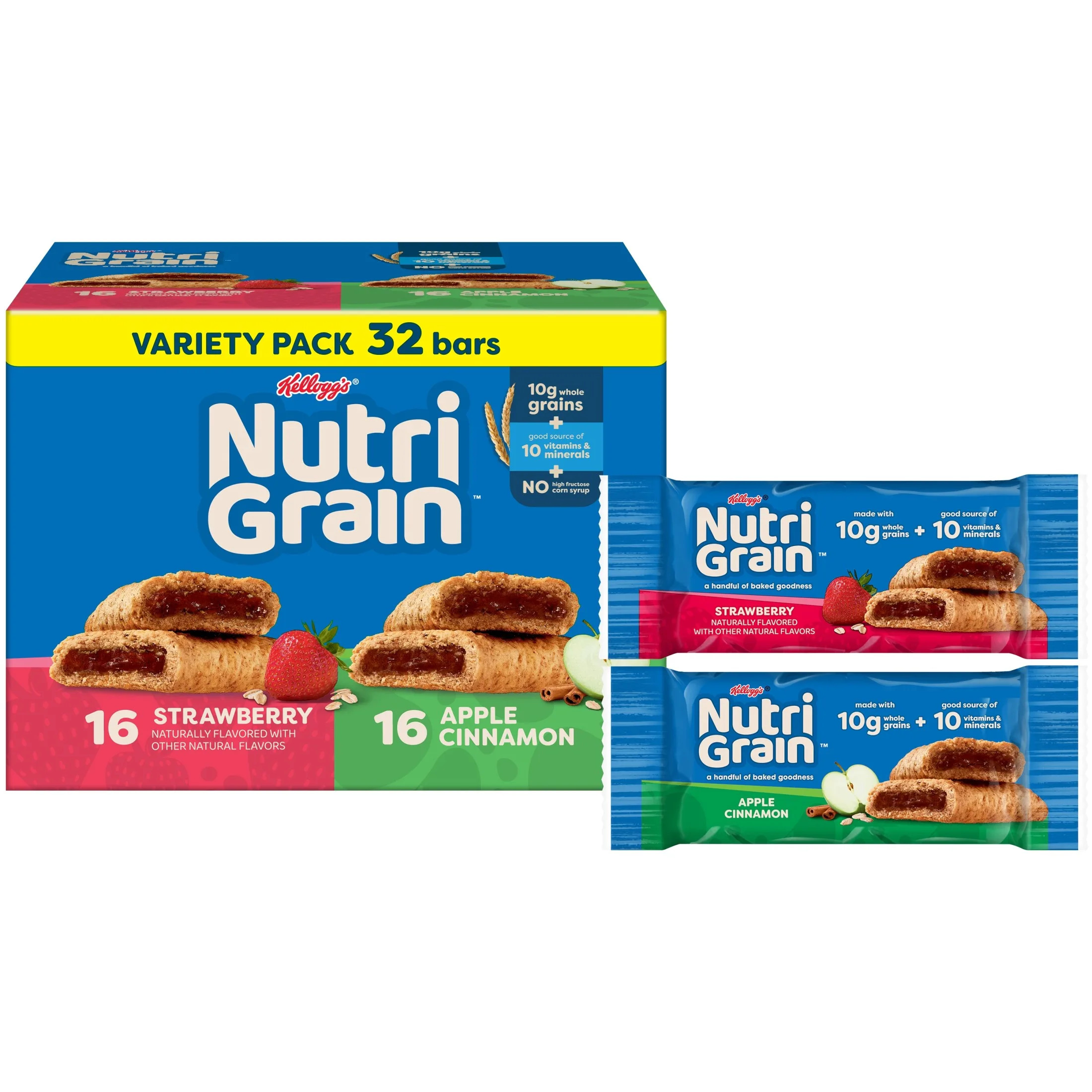 Kellogg's Nutri-Grain Variety Pack Chewy Breakfast Bars, Made with 10g Whole Grains, 41.6 oz, 32 Count
