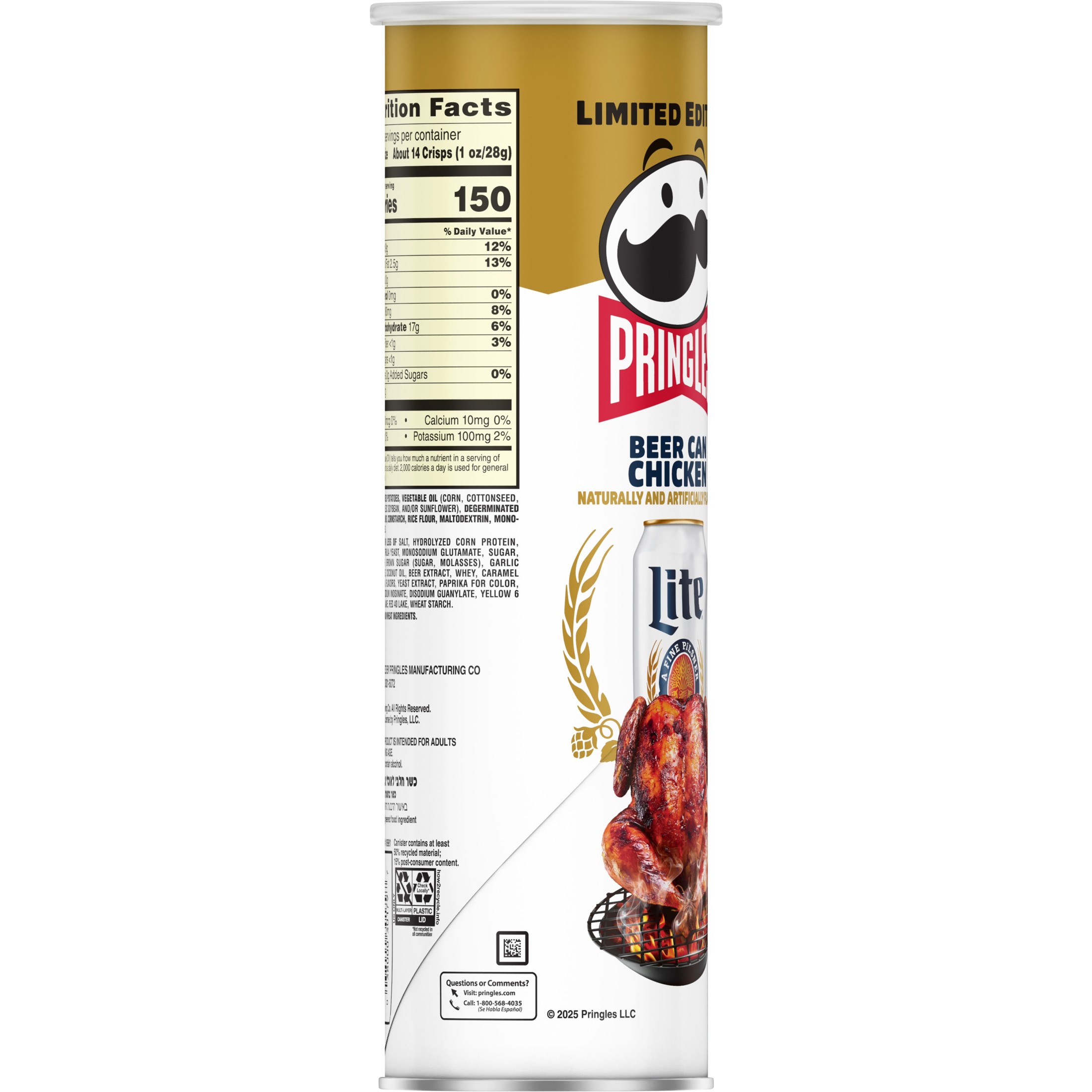 Pringles Miller Lite Beer Can Chicken Potato Crisps Chips, Lunch Snacks, 5.5 oz Canister thumbnail 3