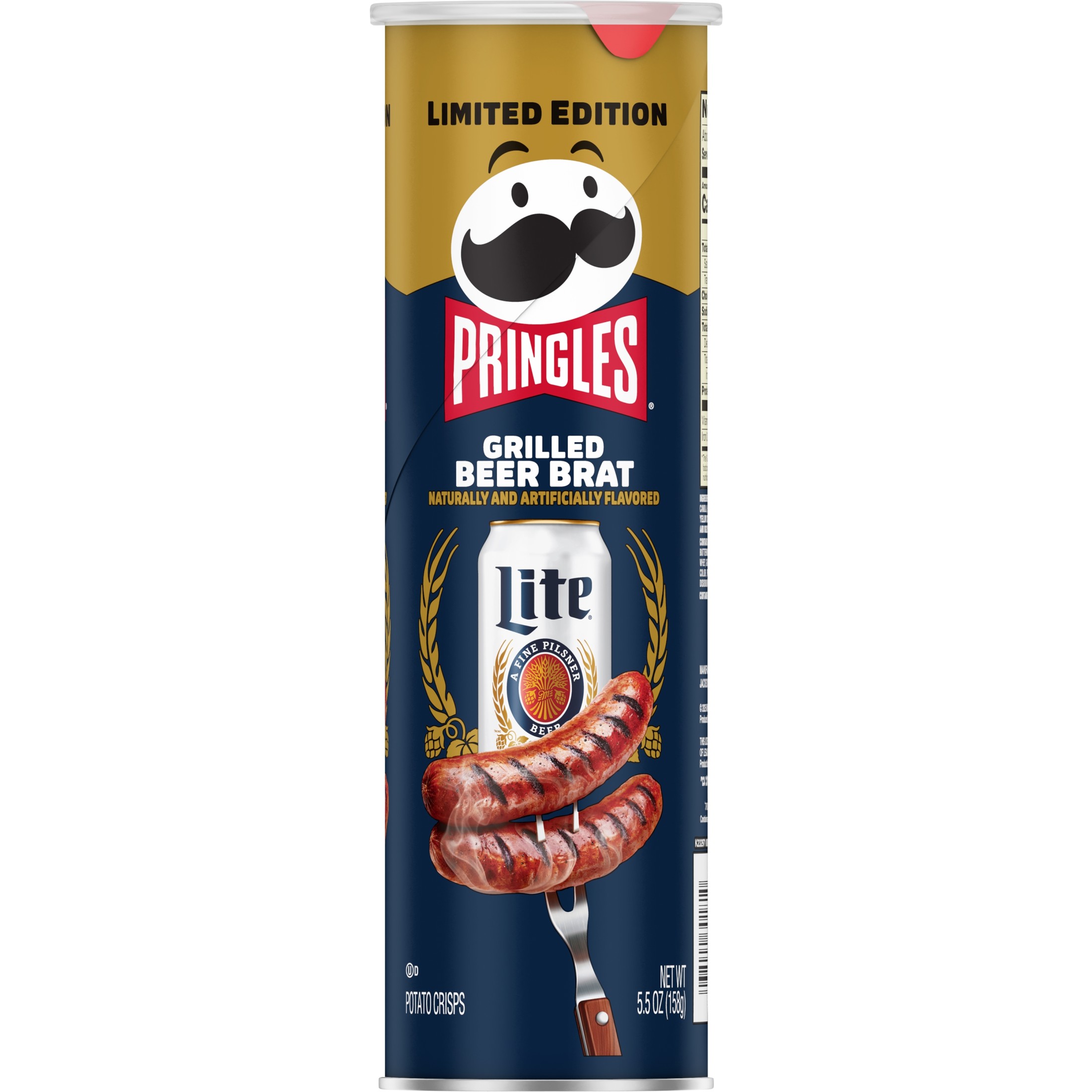 Pringles Miller Lite Grilled Beer Brat Potato Crisps Chips, Lunch Snacks, 5.5 oz Canister