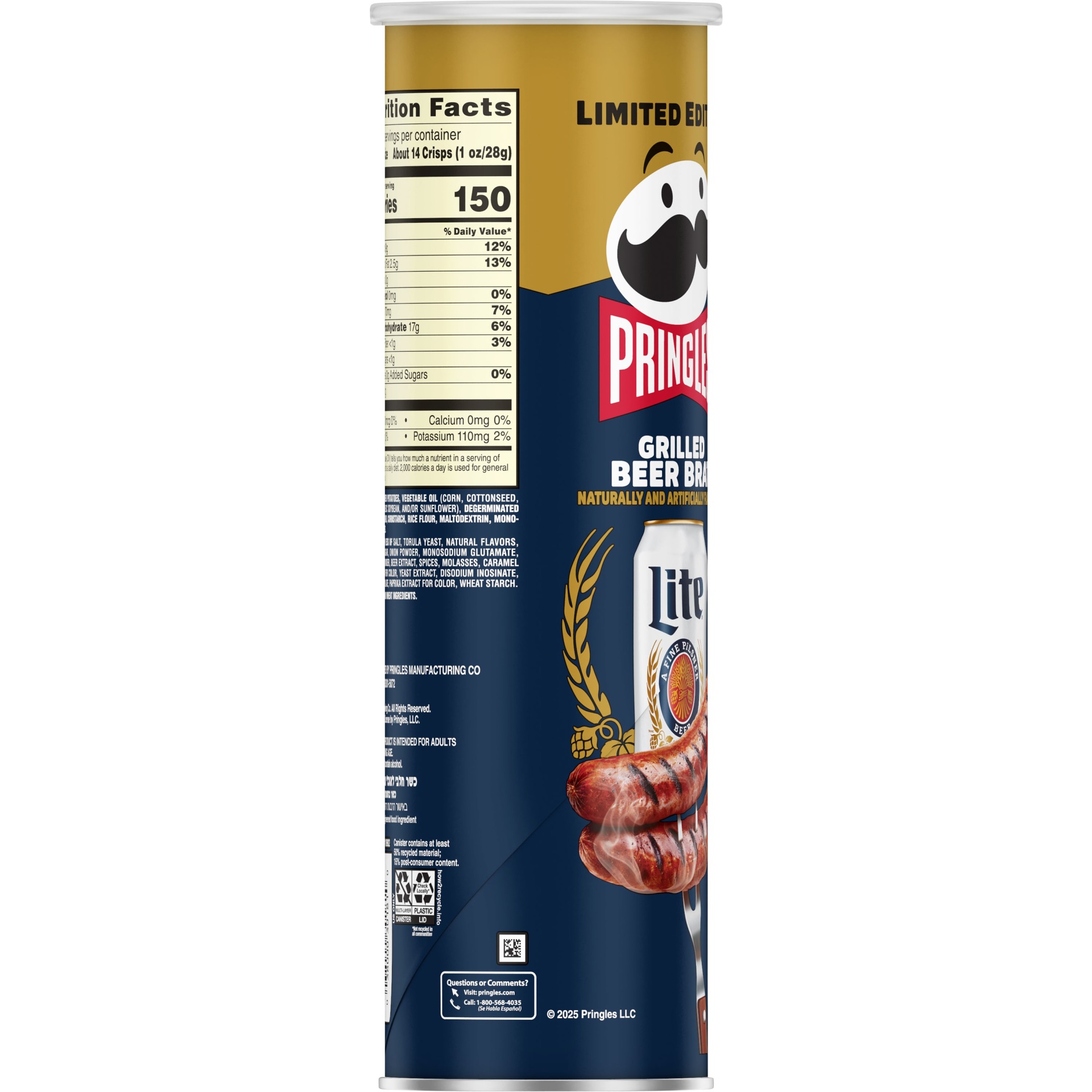 Pringles Miller Lite Grilled Beer Brat Potato Crisps Chips, Lunch Snacks, 5.5 oz Canister thumbnail 3