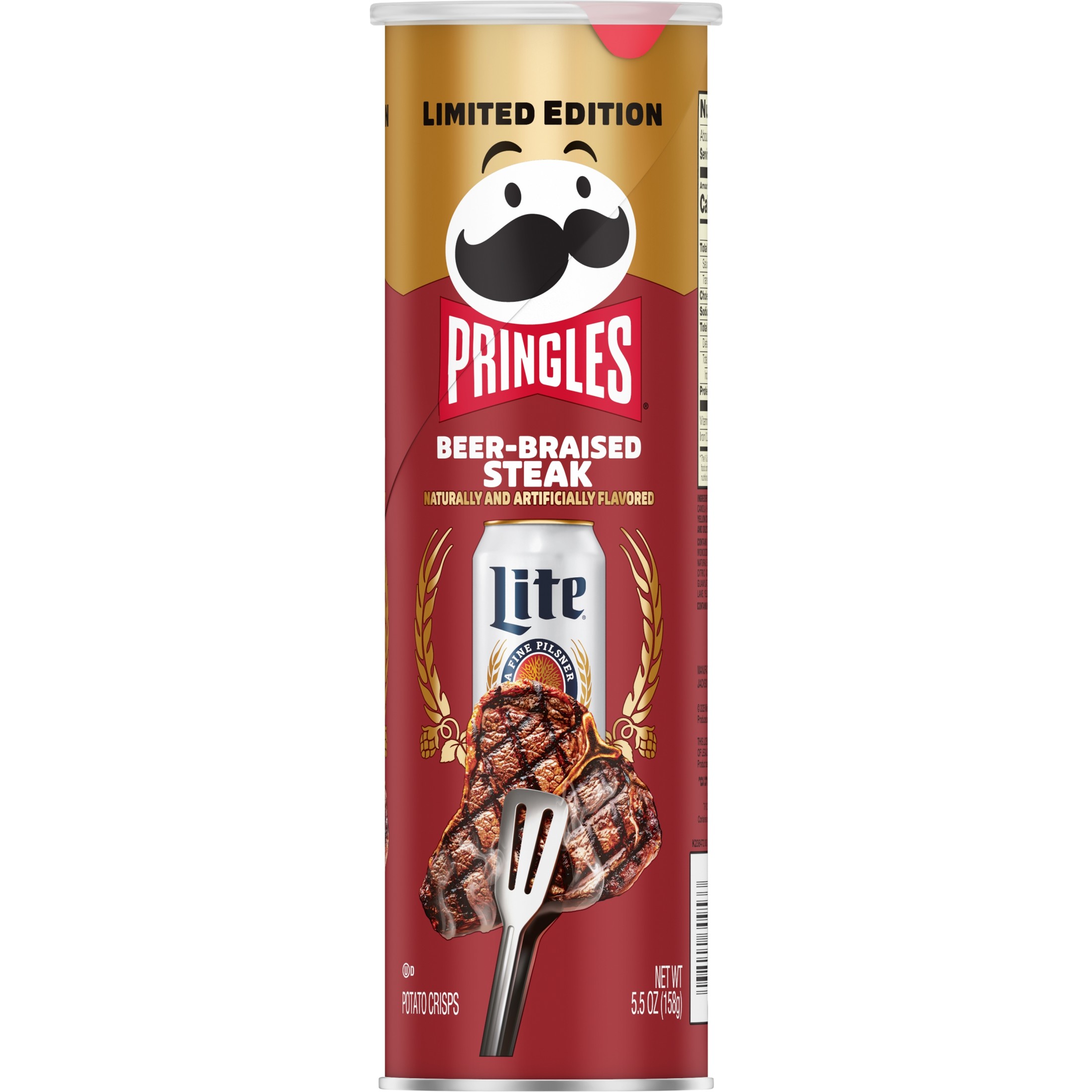 Pringles Miller Lite Beer-Braised Steak Potato Crisps Chips, Lunch Snacks, 5.5 oz Canister