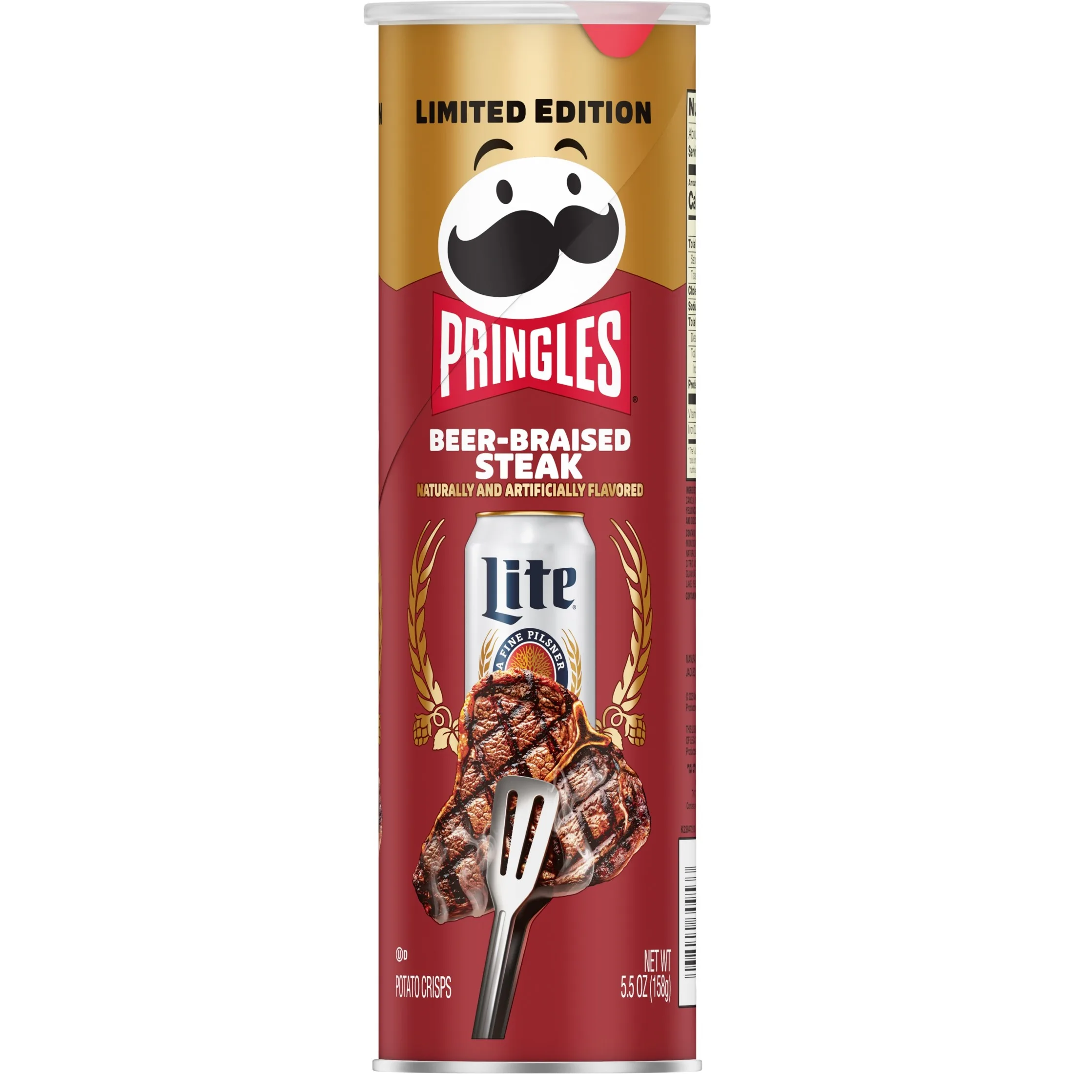 Pringles Miller Lite Beer-Braised Steak Potato Crisps Chips, Lunch Snacks, 5.5 oz Canister