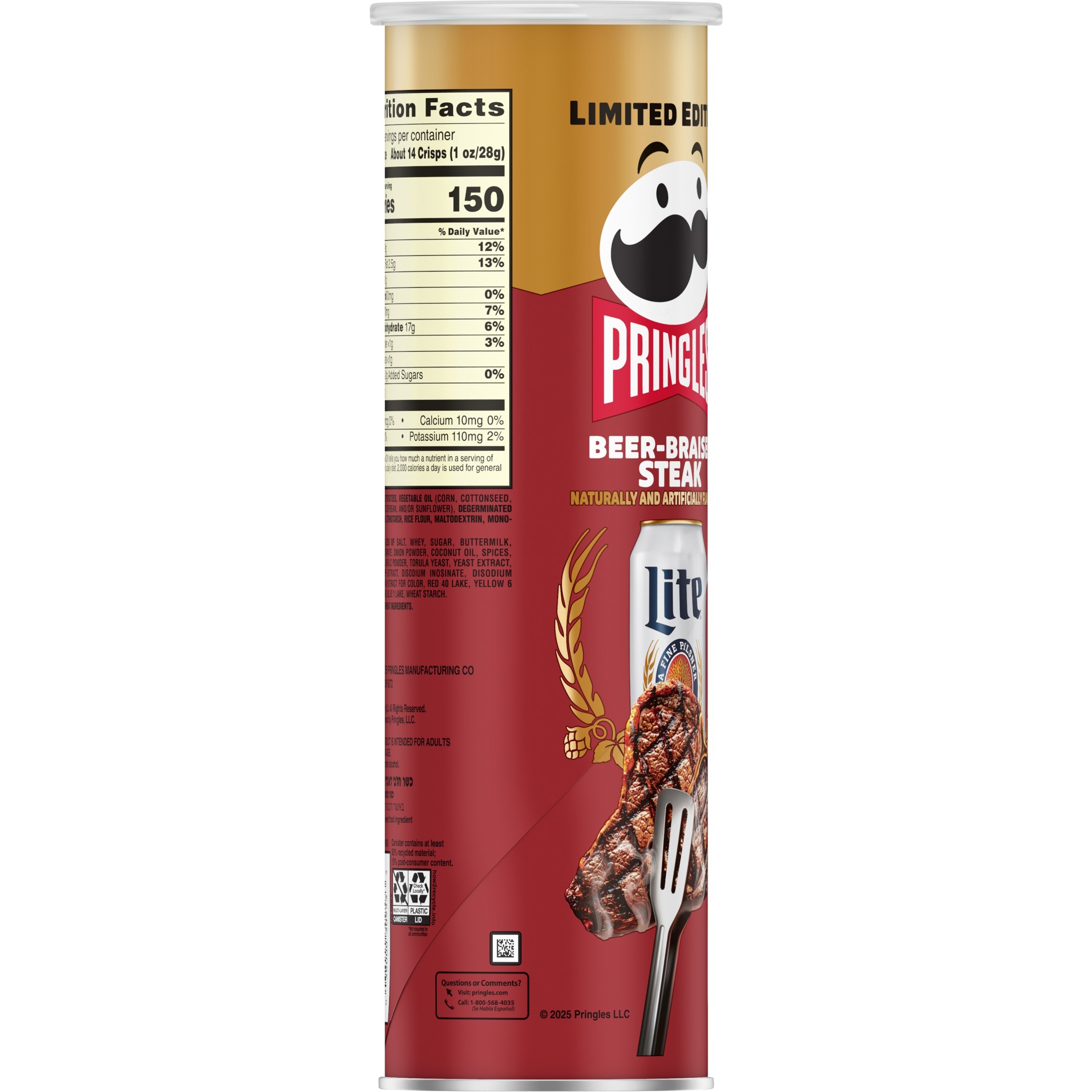 Pringles Miller Lite Beer-Braised Steak Potato Crisps Chips, Lunch Snacks, 5.5 oz Canister thumbnail 3