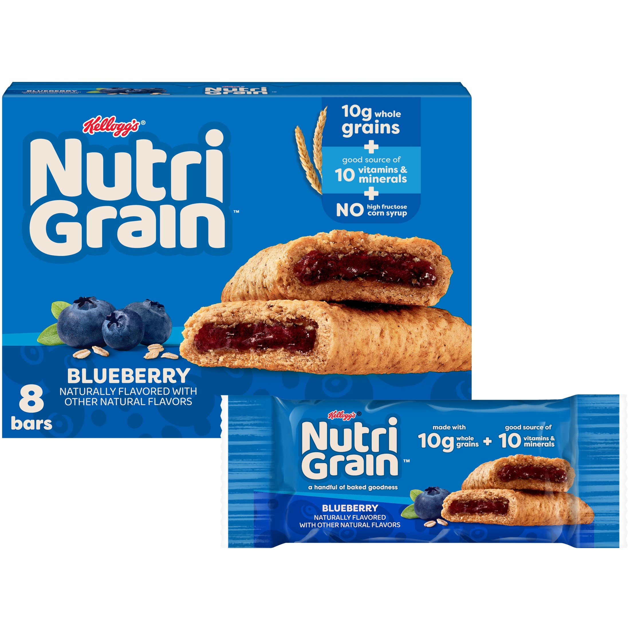Kellogg's Nutri-Grain Blueberry Chewy Breakfast Bars, Made with 10g Whole Grains, 10.4 oz, 8 Count