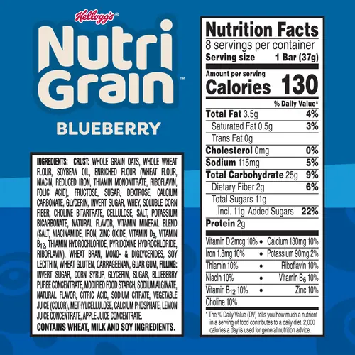 Kellogg's Nutri-Grain Blueberry Chewy Breakfast Bars, Made with 10g Whole Grains, 10.4 oz, 8 Count thumbnail 4
