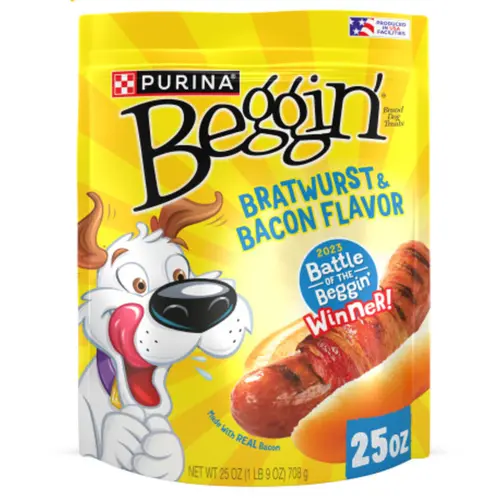 Purina Beggin' Strips Dog Treats with Real Bacon & Bratwurst Flavors Tender Chews, 25 oz Pouch