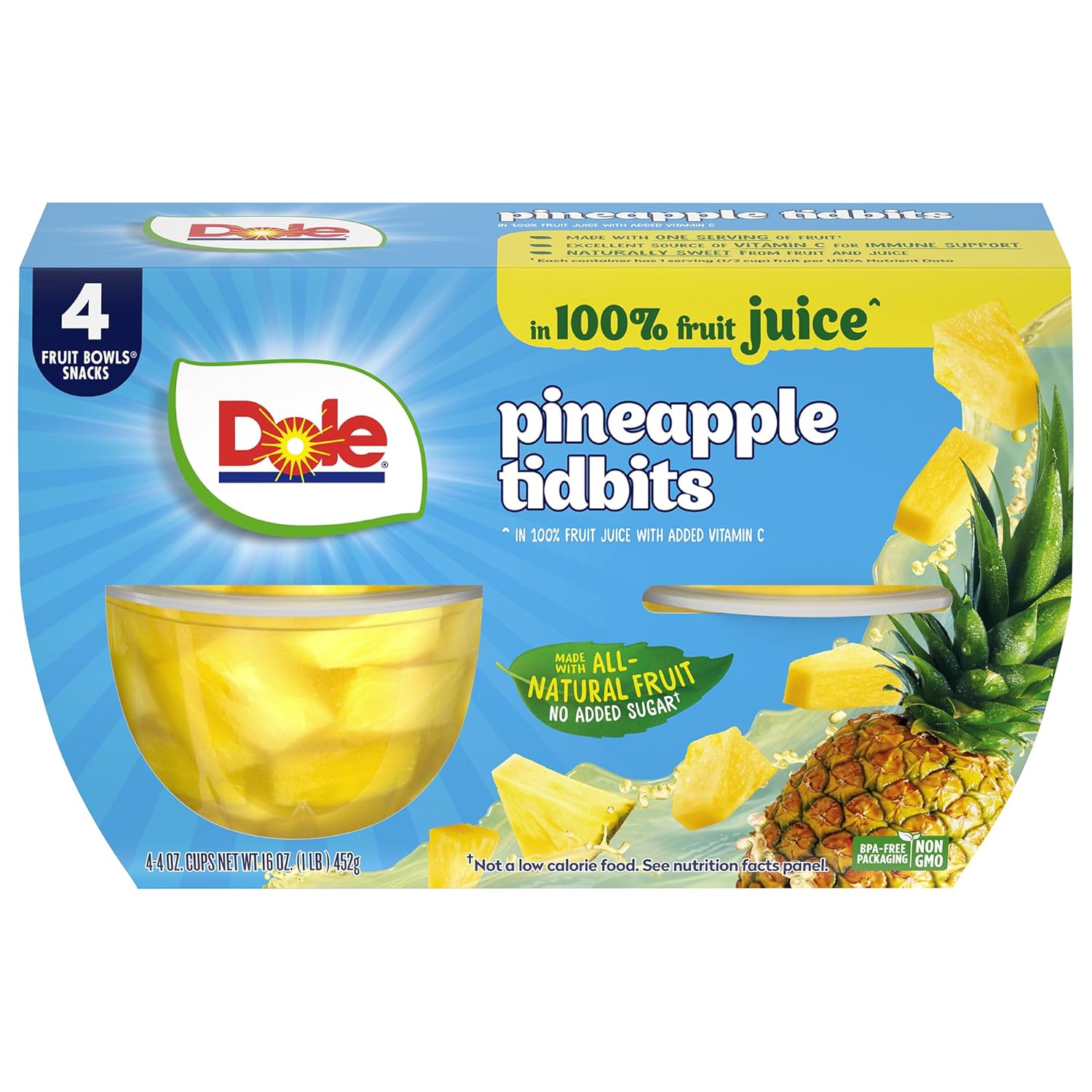 Dole Fruit Bowls Pineapple Tidbits in 100% Fruit Juice, 4 oz Cups (4 Pack) thumbnail 2