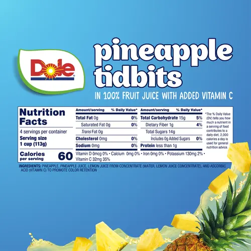 Dole Fruit Bowls Pineapple Tidbits in 100% Fruit Juice, 4 oz Cups (4 Pack) thumbnail 4