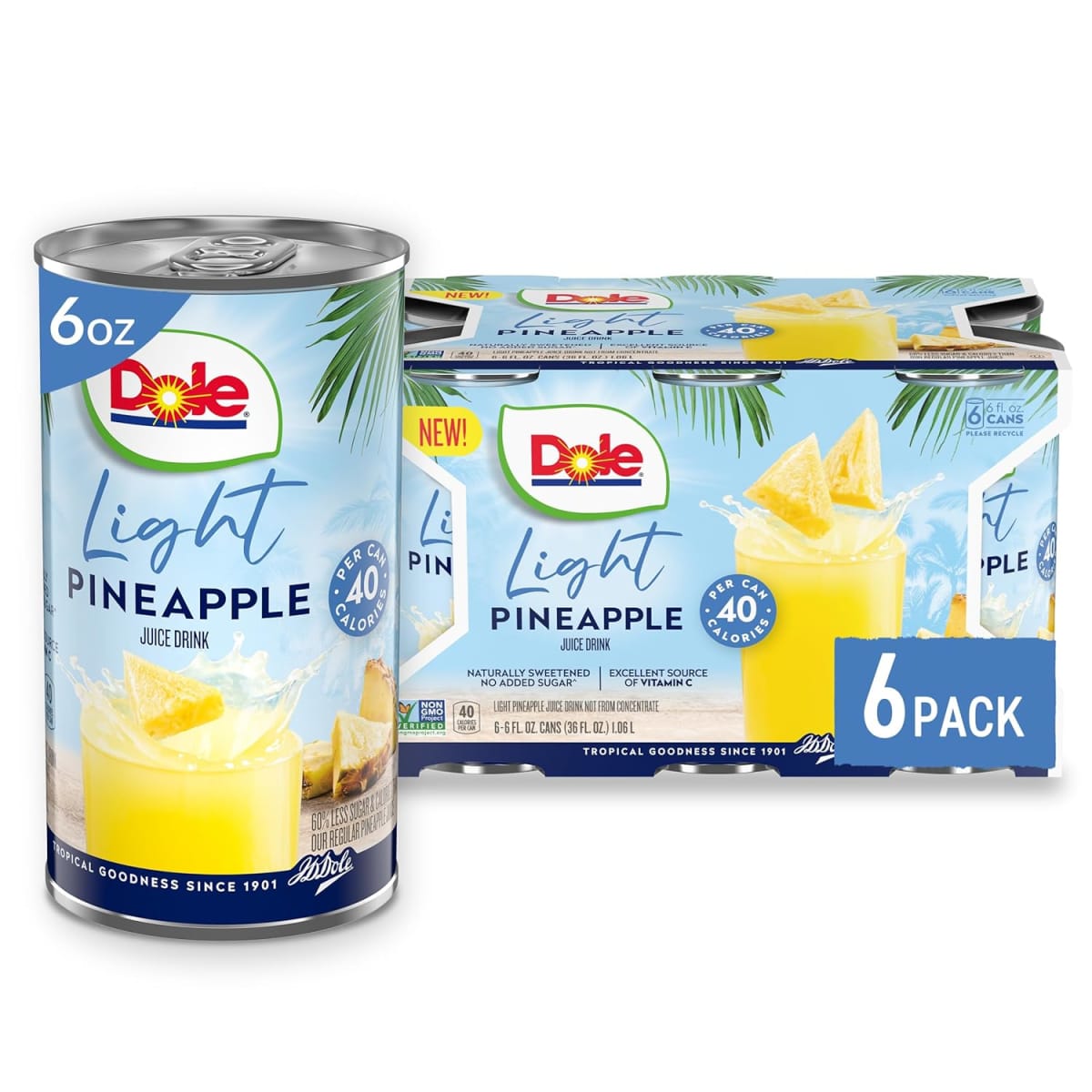 (6 Cans) Dole Light Pineapple Juice Drink, 6 fl oz Can