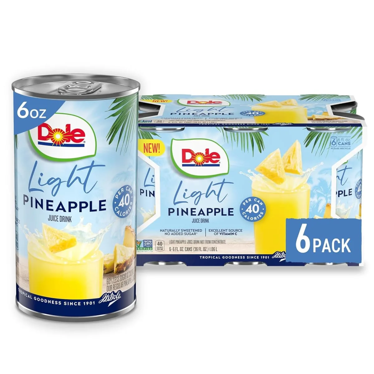 (6 Cans) Dole Light Pineapple Juice Drink, 6 fl oz Can