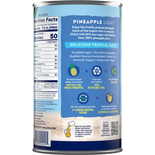 Dole Light Pineapple Juice Drink with No Added Sugar^^, 46 fl oz Can thumbnail 4
