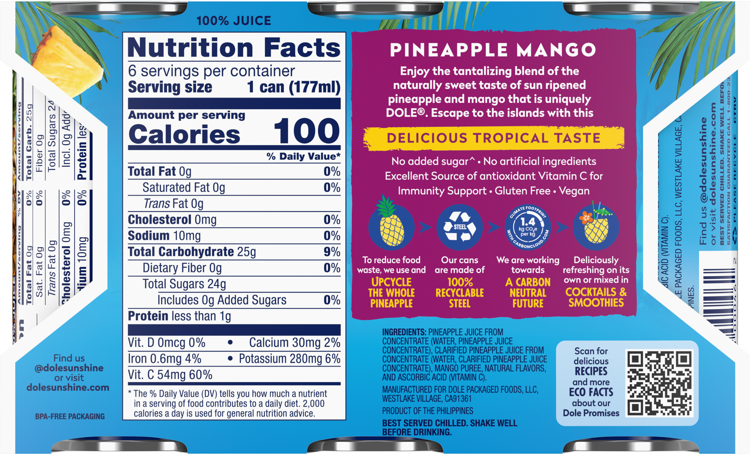 (6 Cans) Dole 100% Pineapple Mango Juice, 6 fl oz Can thumbnail 4