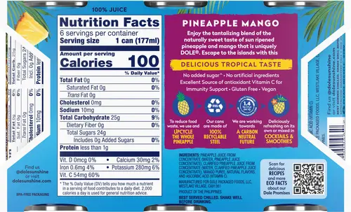(6 Cans) Dole 100% Pineapple Mango Juice, 6 fl oz Can thumbnail 4