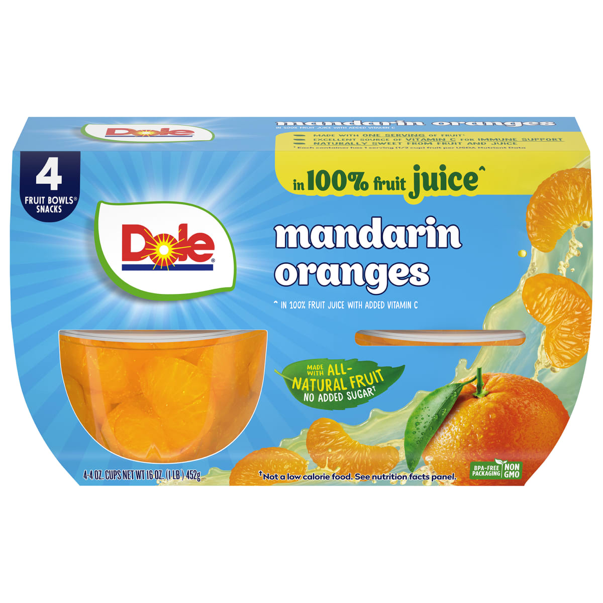 Dole Fruit Bowls Mandarin Oranges in 100% Fruit Juice, 4 oz Cups (4 Pack) thumbnail 2