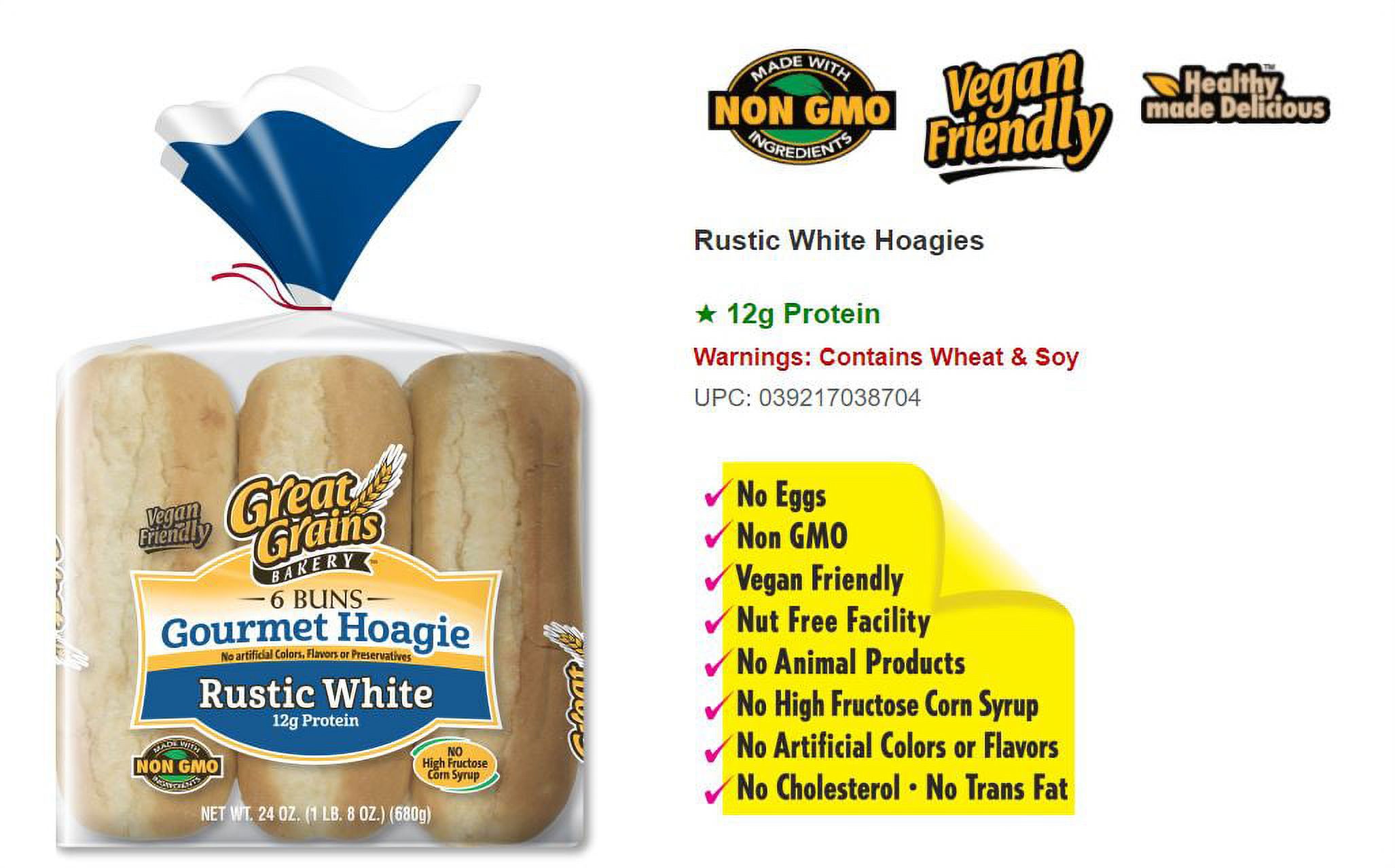 Great Grains Gourmet Hoagie Rustic White Buns, 6 Ct, 24 oz thumbnail 2