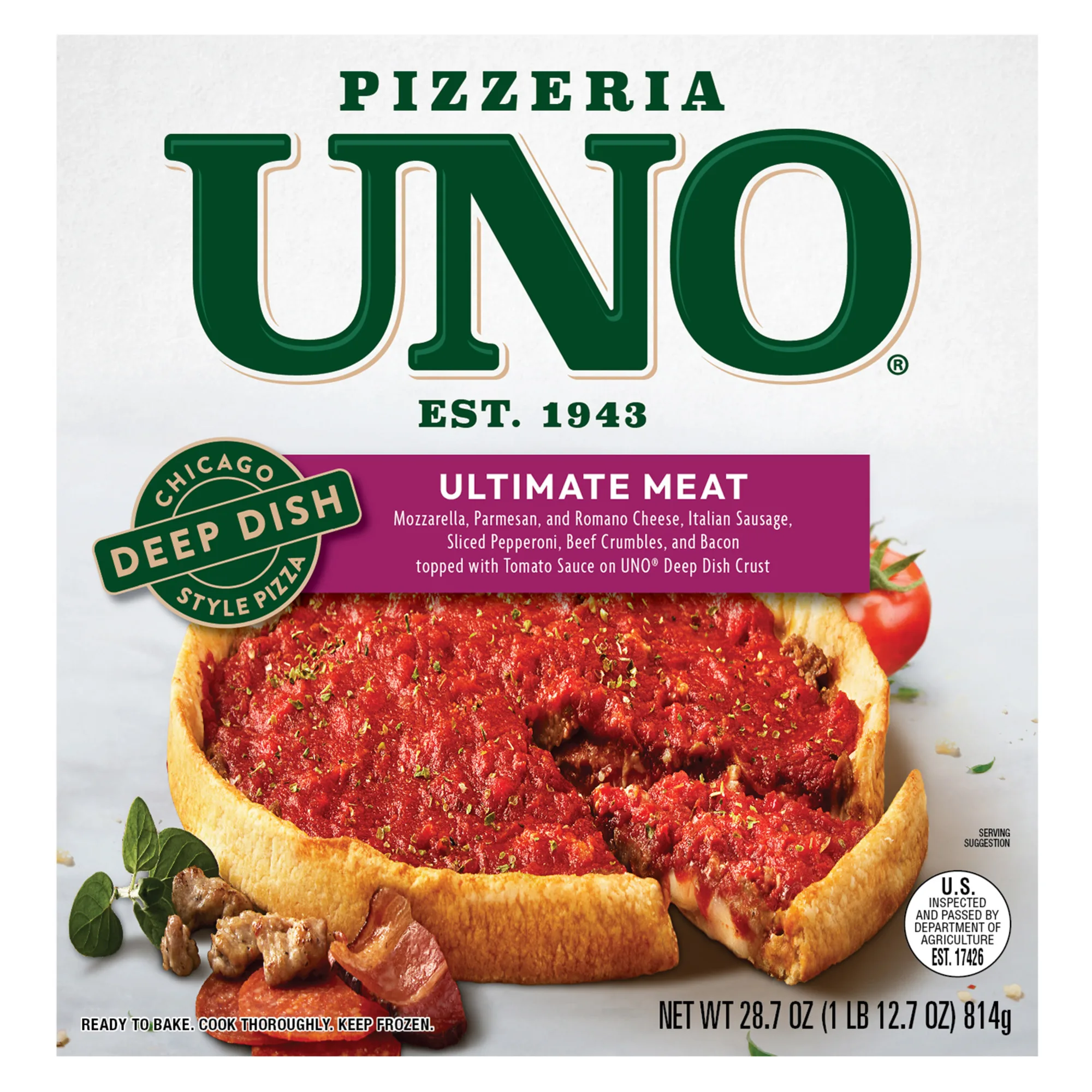 Pizzeria Uno 9in Chicago Style Deep Dish Ultimate Meat Pizza, Tomato Sauce, Frozen