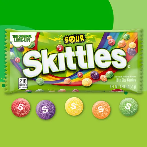 Skittles Sour Candy, Fruit Candies Full Size - 1.8 oz Bag thumbnail 2