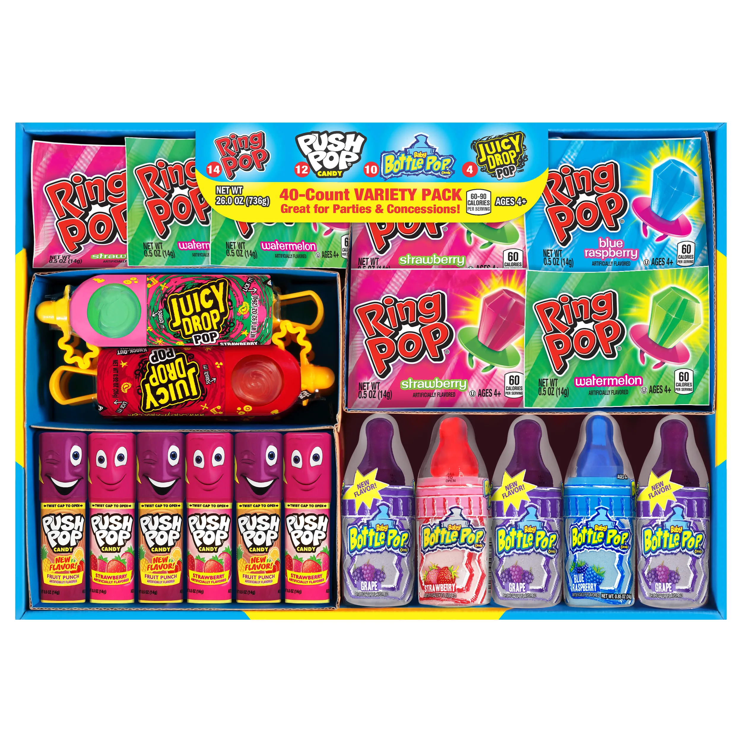 Ring Pop, Push Pop, Baby Bottle Pop, Juicy Drop Pop, Lollipop Variety Pack, 26 oz, 40 Pieces