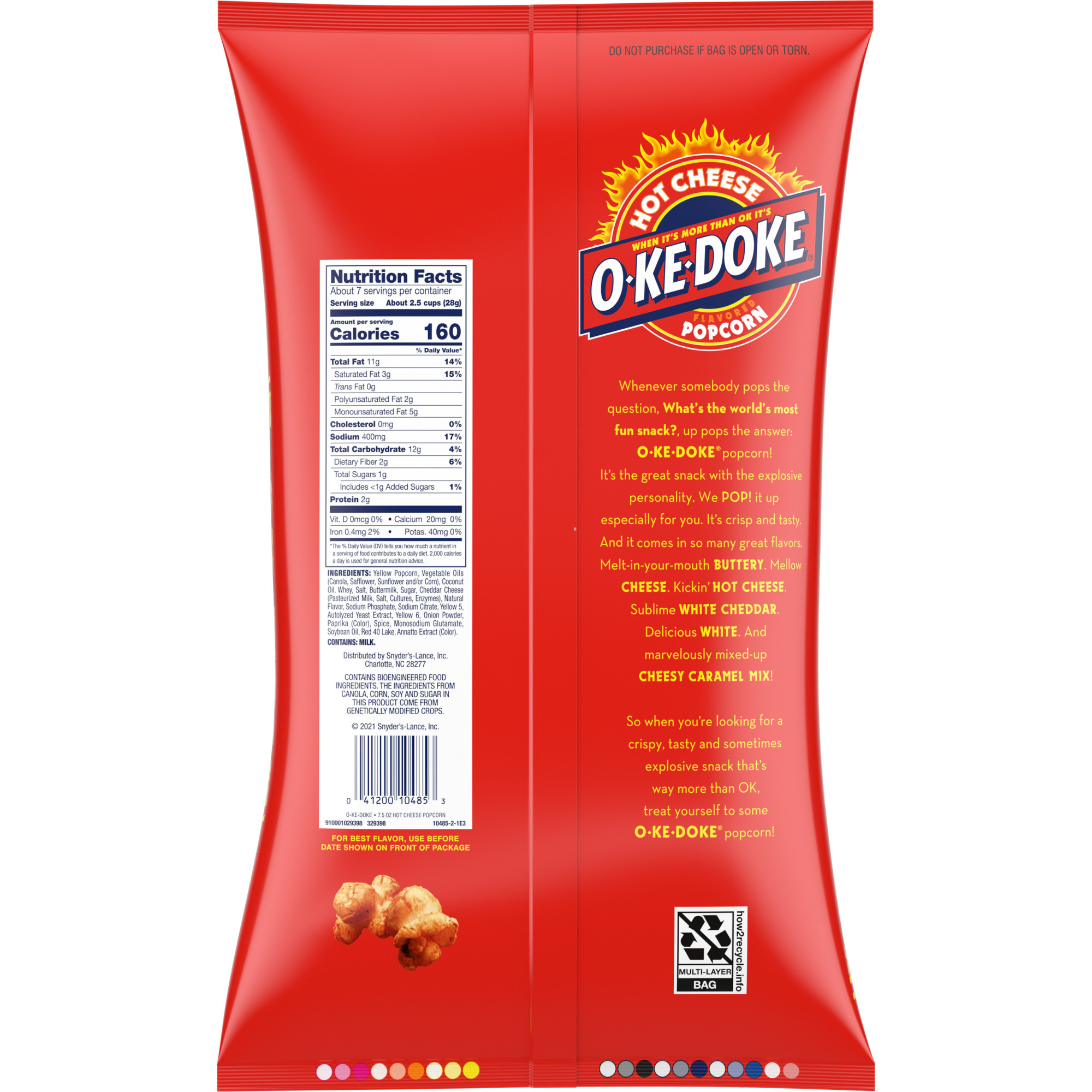 O-Ke-Doke Popcorn, Hot Stuff Cheese Popcorn, 7.5 oz Bag thumbnail 3