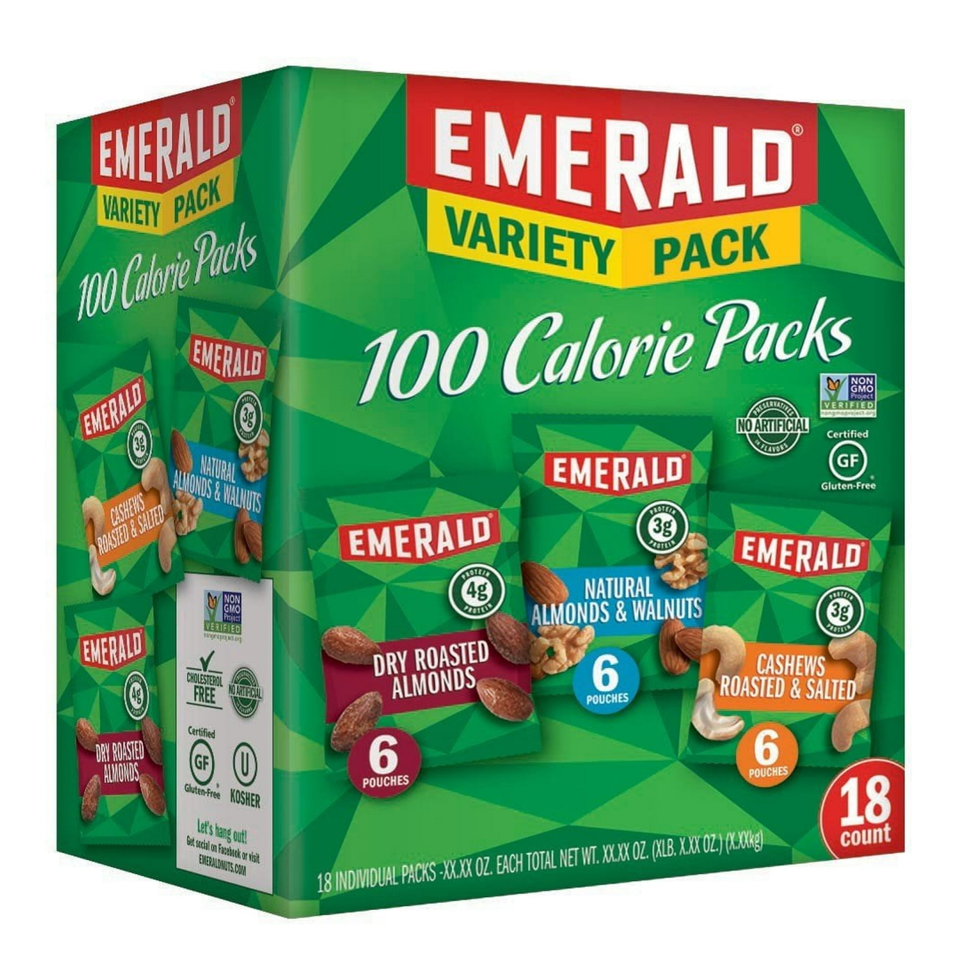 Emerald Nuts Variety Pack, 100 Calorie Almonds, Walnuts, Cashews, 18 Count