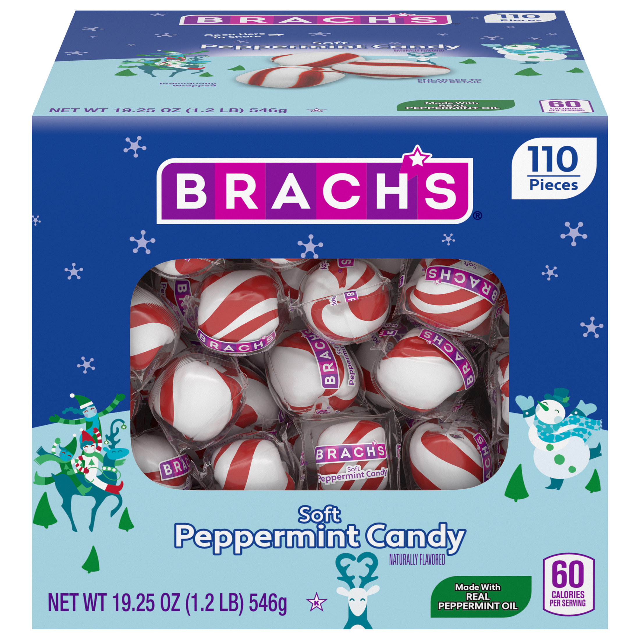 Brach's Holiday Soft Peppermint Candy Tub, Individually Wrapped Mints, 19oz, 110 Pieces