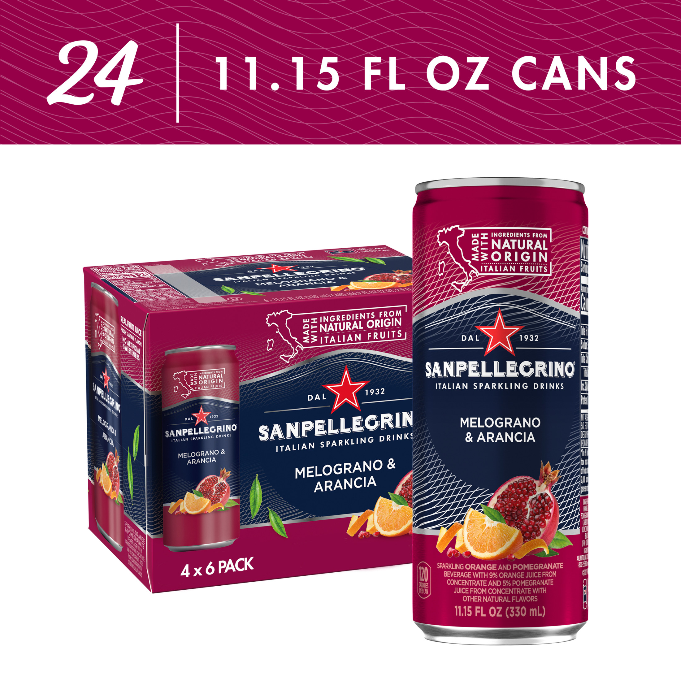 Sanpellegrino Italian Sparkling Drink Melograno and Arancia, Sparkling Orange and Pomegranate Beverage, 24 Pack of Cans 267.6 fl