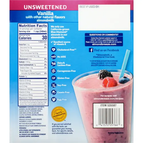 Almond Breeze Unsweetened Vanilla Shelf-Stable Almondmilk, 32 oz (Pack of 6) thumbnail 4