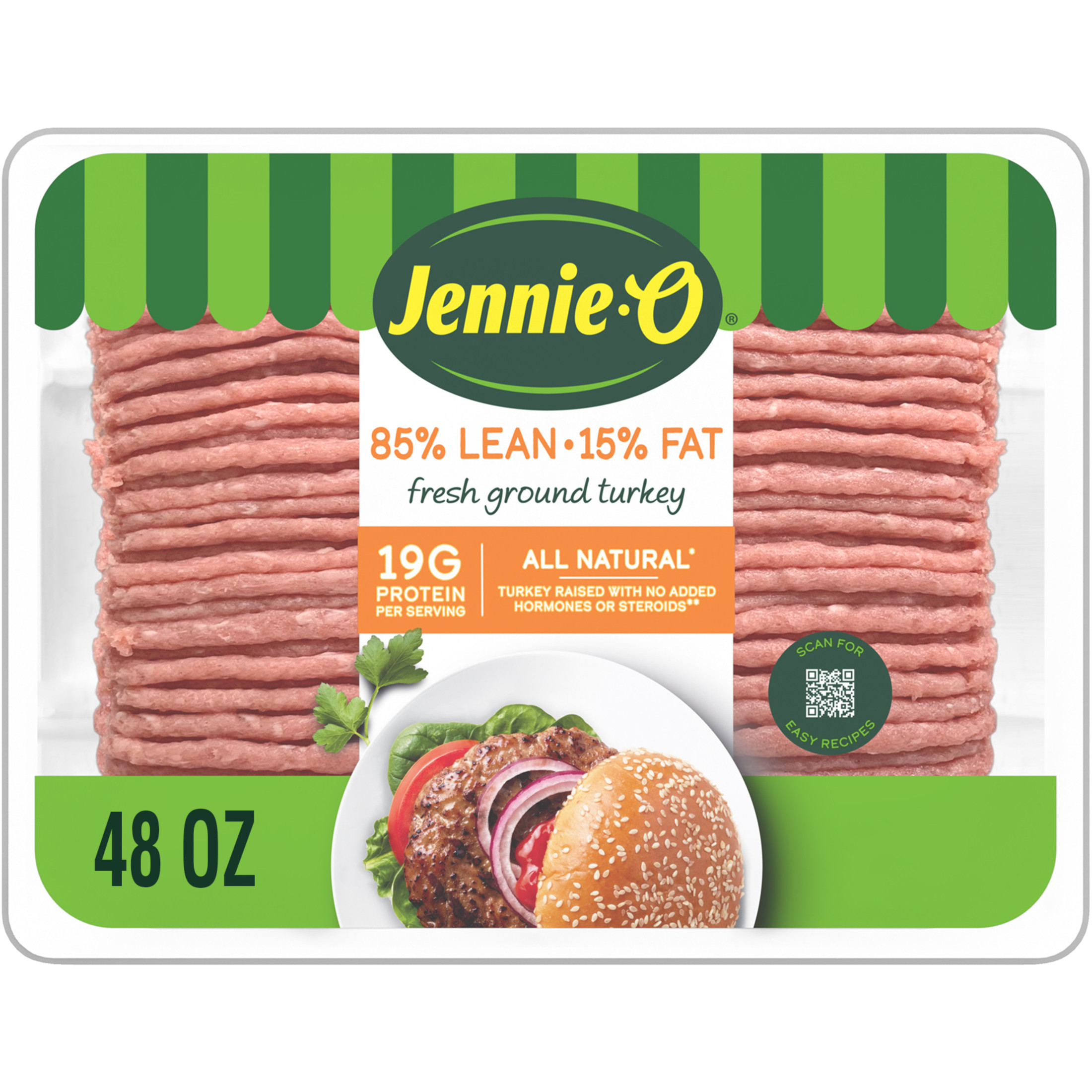 JENNIE-O Fresh Lean Ground Turkey, Fresh Meat, 85% Lean/15% Fat, Serving size 112 g, *All Natural, 3 lb Plastic Tray