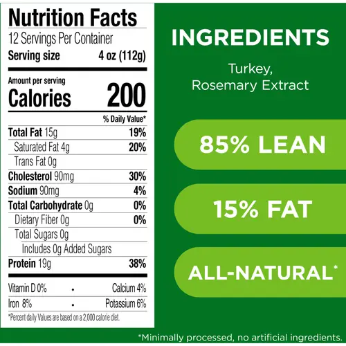 JENNIE-O Fresh Lean Ground Turkey, Fresh Meat, 85% Lean/15% Fat, Serving size 112 g, *All Natural, 3 lb Plastic Tray thumbnail 4