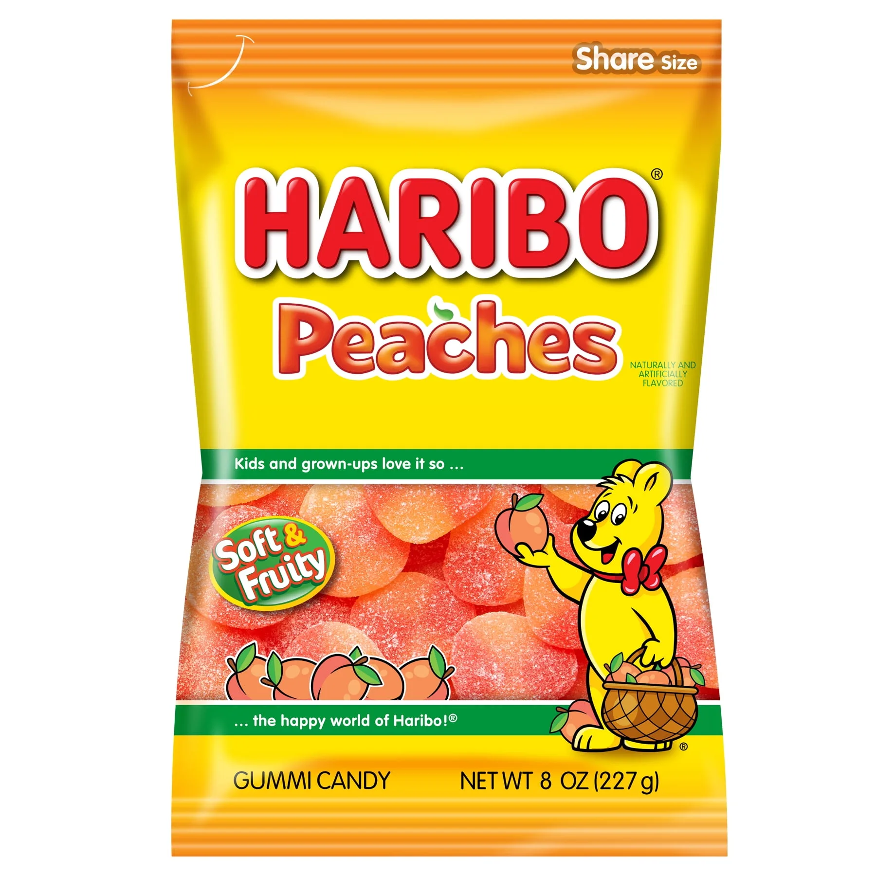 HARIBO Peaches Gummies Fruity Peach Flavor Gummy Candy, 8oz, Share Size Bag