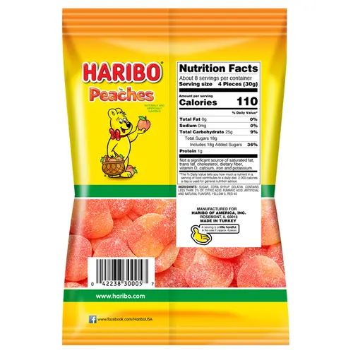 HARIBO Peaches Gummies Fruity Peach Flavor Gummy Candy, 8oz, Share Size Bag thumbnail 2
