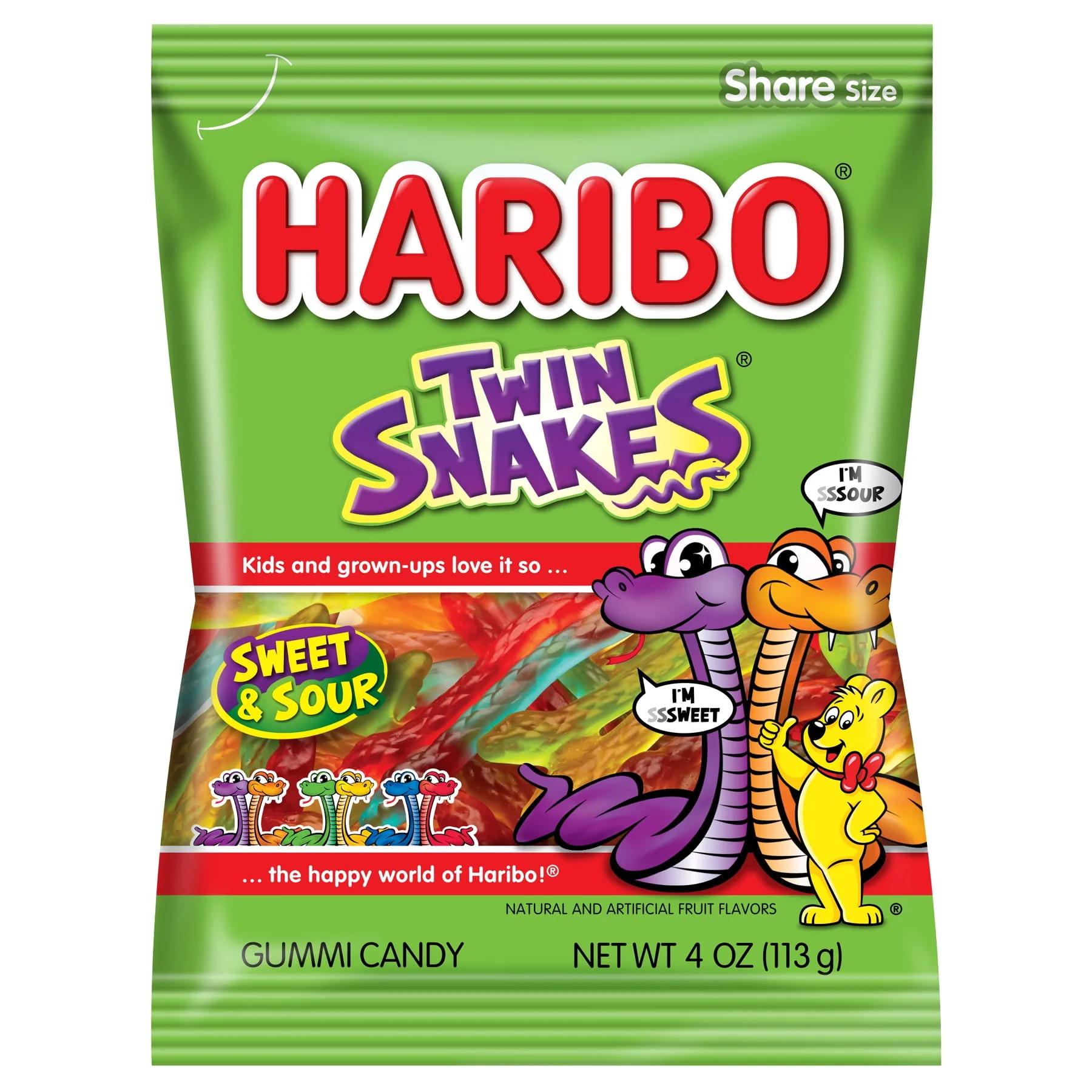 HARIBO Twin Snakes Gummies Original Sweet and Sour Assorted Fruit Flavor Gummies, 4 oz, Share Size Peg Bag