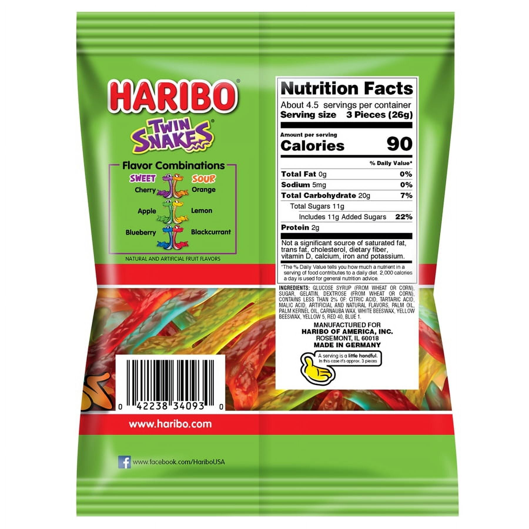 HARIBO Twin Snakes Gummies Original Sweet and Sour Assorted Fruit Flavor Gummies, 4 oz, Share Size Peg Bag thumbnail 2