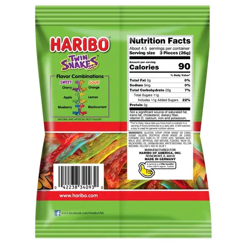 HARIBO Twin Snakes Gummies Original Sweet and Sour Assorted Fruit Flavor Gummies, 4 oz, Share Size Peg Bag thumbnail 2