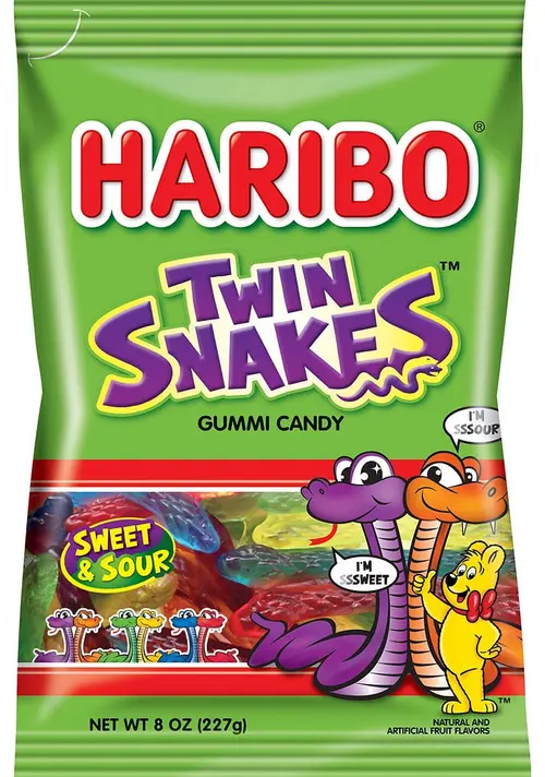 HARIBO Twin Snakes Gummies Original Sweet and Sour Assorted Fruit Flavor Gummies, 8 oz, Share Size Bag