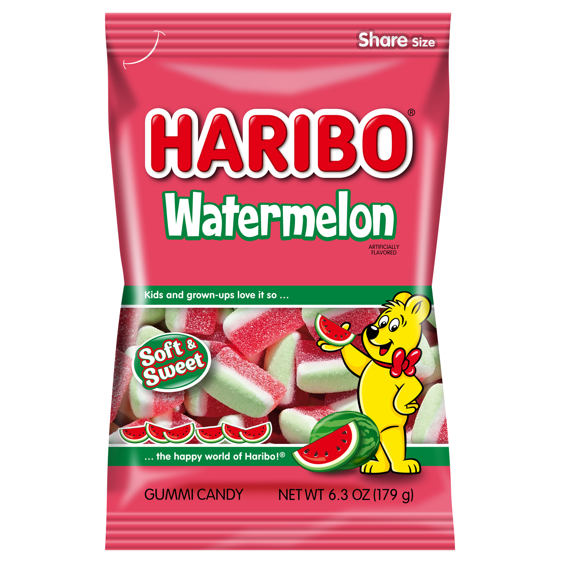 HARIBO Watermelon Gummies Fruity Watermelon Flavor Gummy Candy, 6.3oz, Share Size Bag