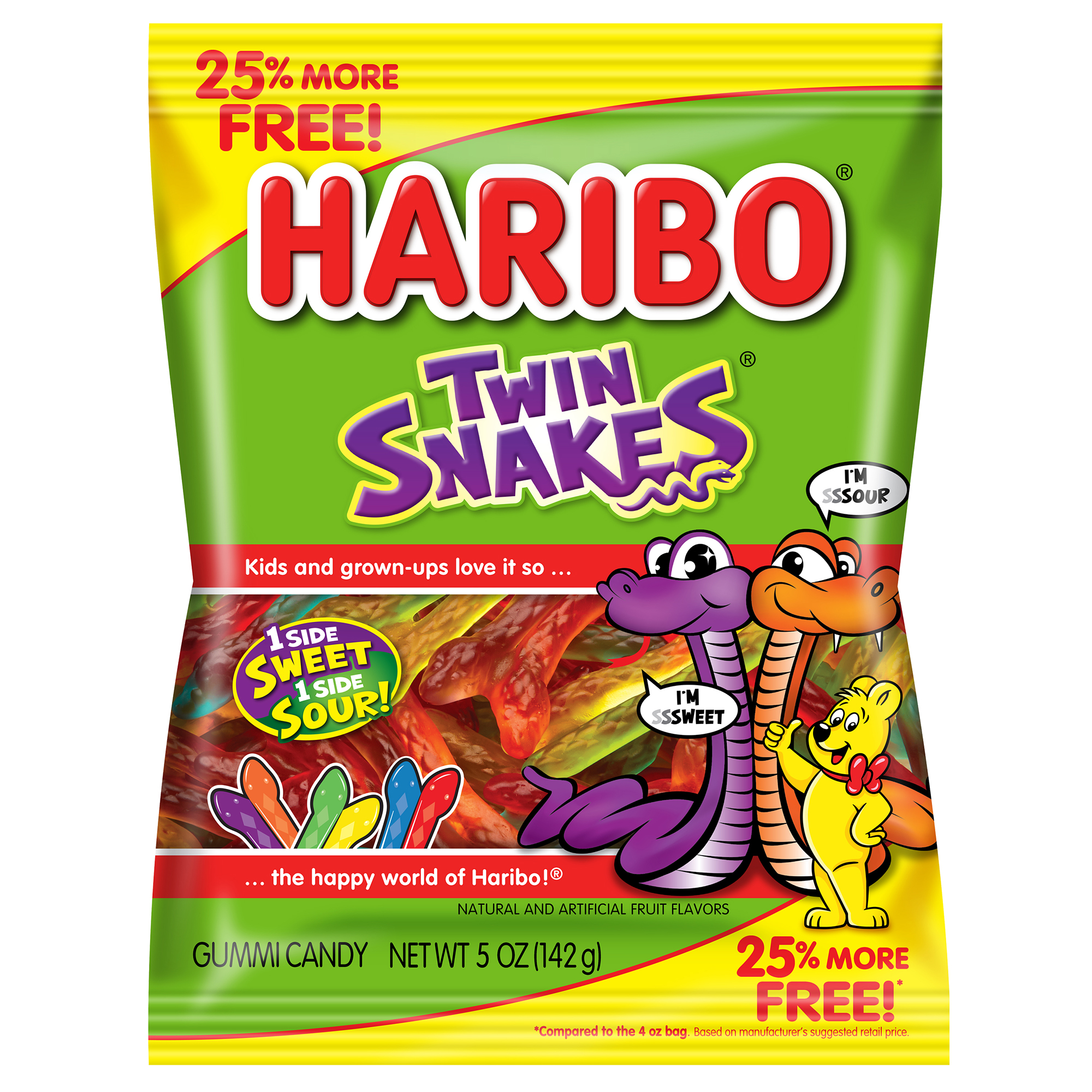 HARIBO Twin Snakes Gummies Original Assorted Fruit Flavor Gummy Candy +25% Bonus, 5oz, Share Size Peg Bag