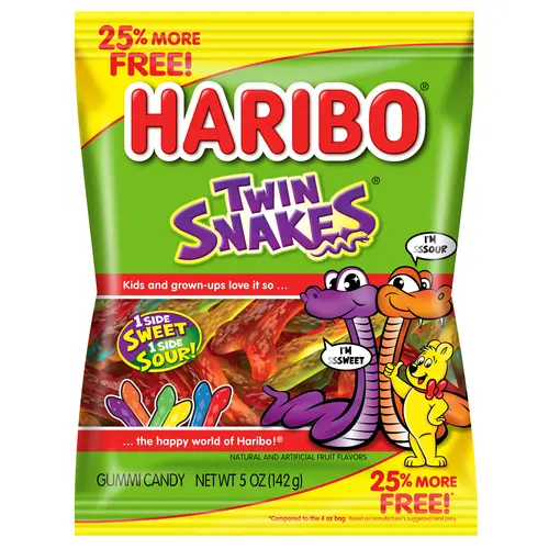 HARIBO Twin Snakes Gummies Original Assorted Fruit Flavor Gummy Candy +25% Bonus, 5oz, Share Size Peg Bag