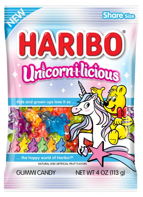 HARIBO Unicorn-i-licious Gummies Assorted Fruit Flavor Gummy Candy, 4 oz, Share Size Peg Bag